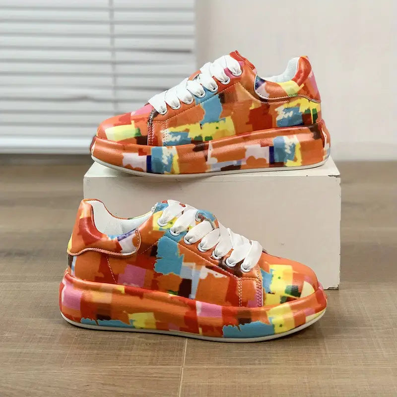 Artsy Orange Plattformssneakers - Trendiga låga sportskor med snörning