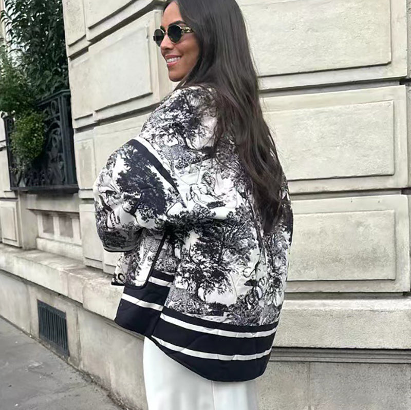 Quiltet oversized jakke med vintage-blækmaleriprint