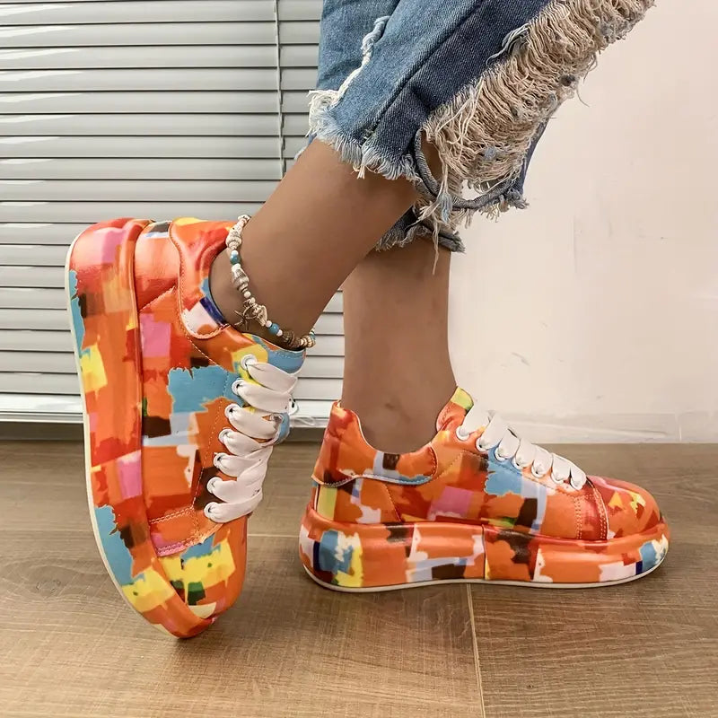 Artsy Orange Plattformssneakers - Trendiga låga sportskor med snörning