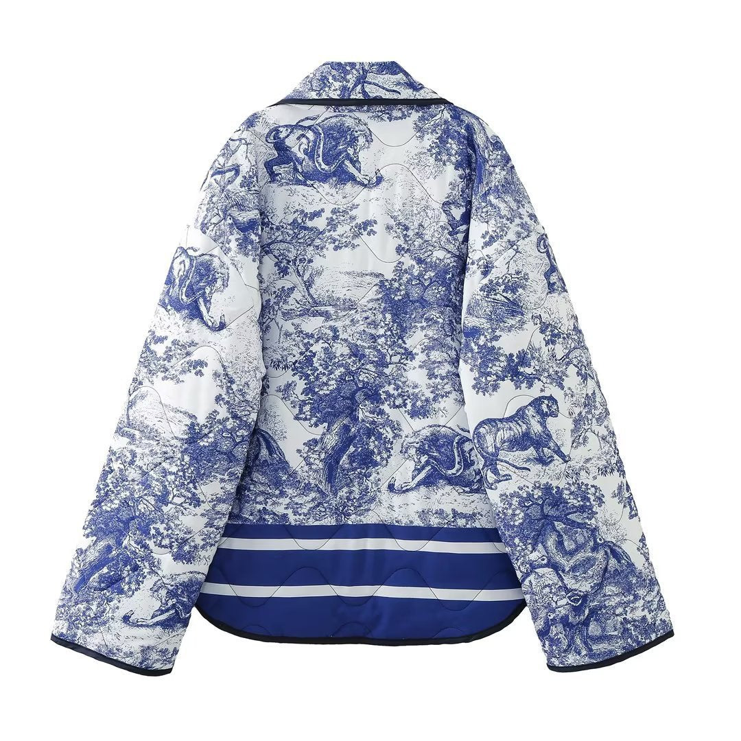 Quiltet oversized jakke med vintage-blækmaleriprint