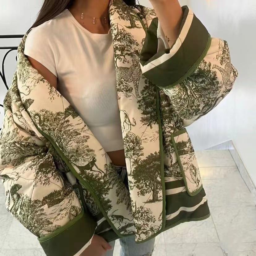 Quiltet oversized jakke med vintage-blækmaleriprint