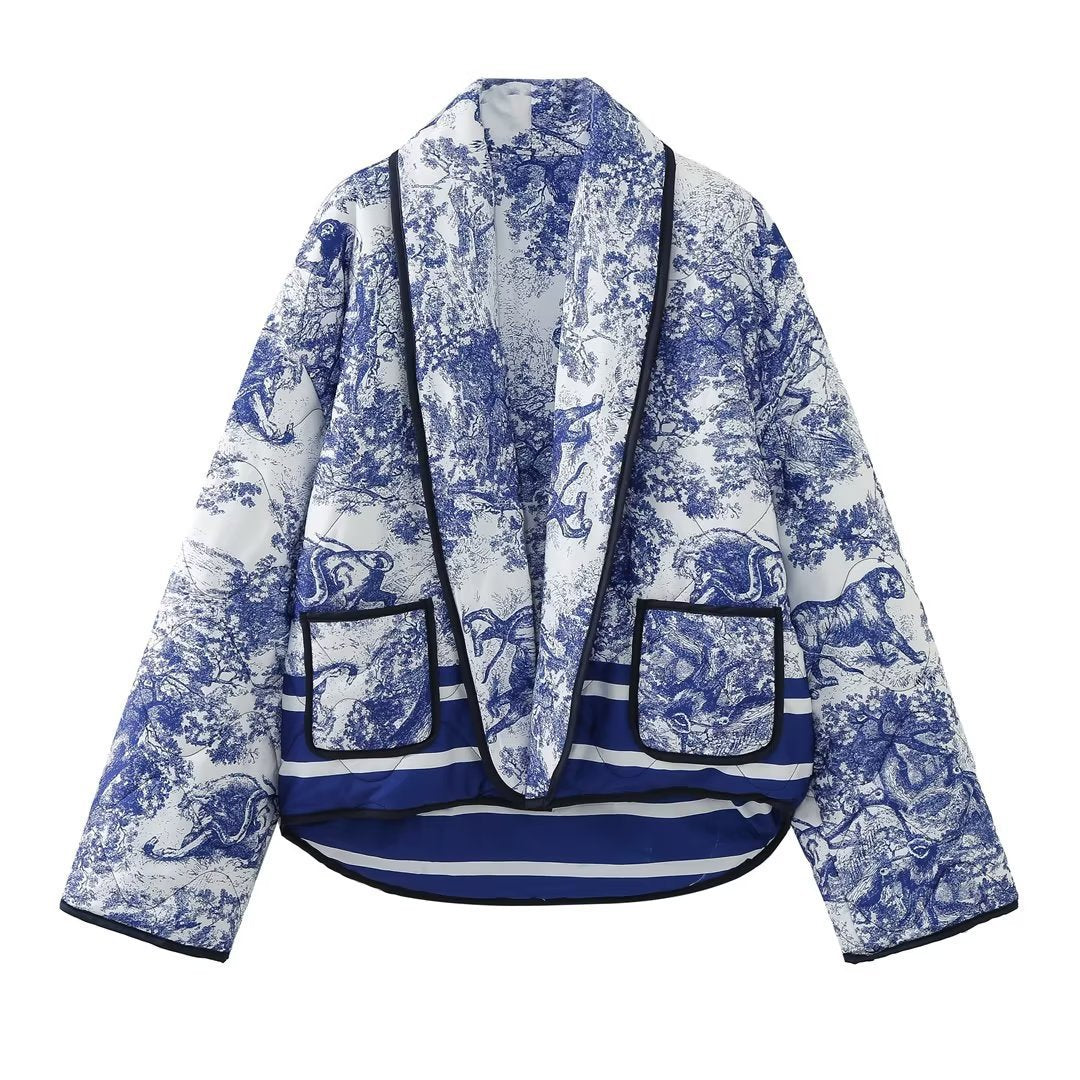 Quiltet oversized jakke med vintage-blækmaleriprint