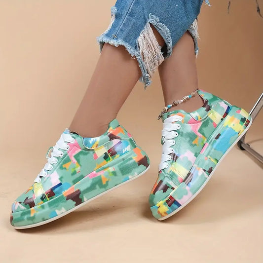 Artsy Grön Plattformssneakers - Trendiga låga sportskor med snörning