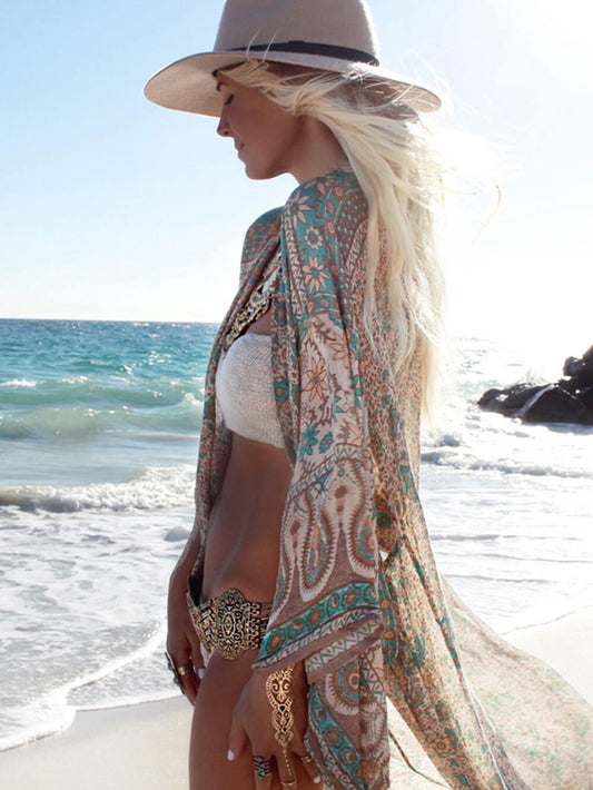 Boho Floral Pattern Open Front Chiffon Maxi Cover Up 
