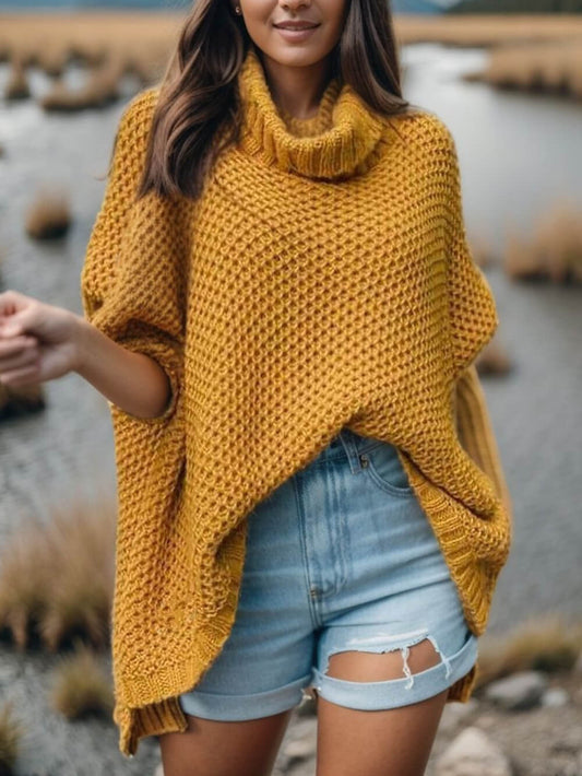 Solid Dolman-ärmad tröja med turtleneck