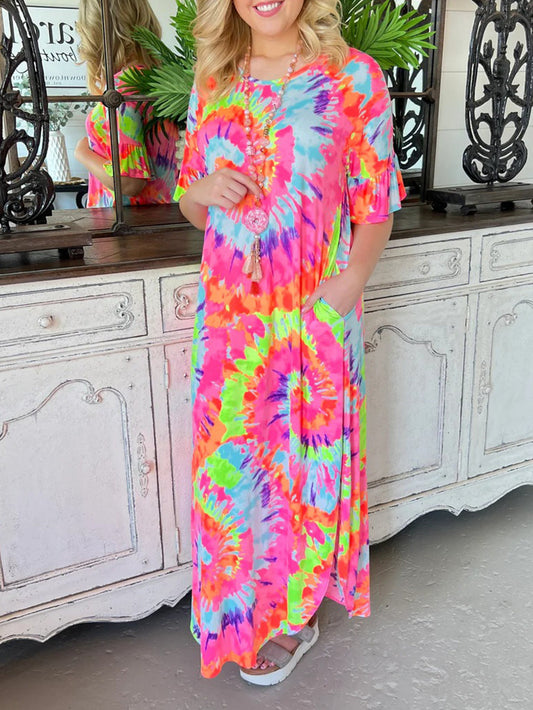 Tie-dye positionering avslappnad V-ringad pullover kjol kortärmad lång kjol
