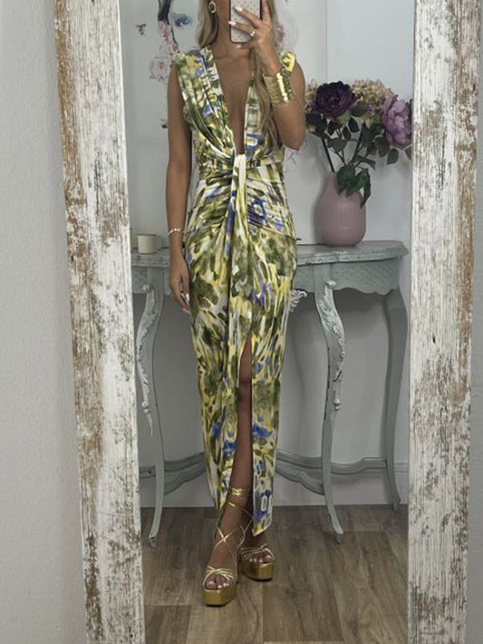 Tie-Dye Deep V Ruched Knotted Maxiklänning