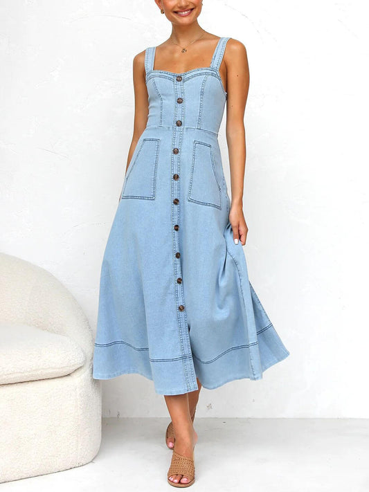 Denim Suspender Casual Button Midiklänning