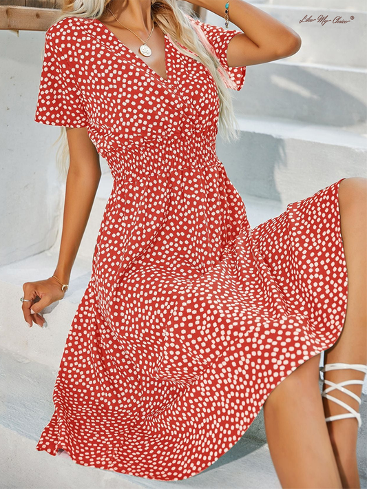 V-ringad Polka Dot Crushed Flower Kortärmad Klänning