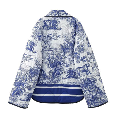 Quiltet oversized jakke med vintage-blækmaleriprint