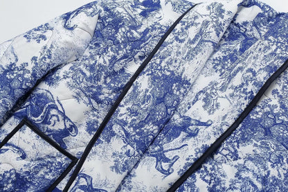 Quiltet oversized jakke med vintage-blækmaleriprint