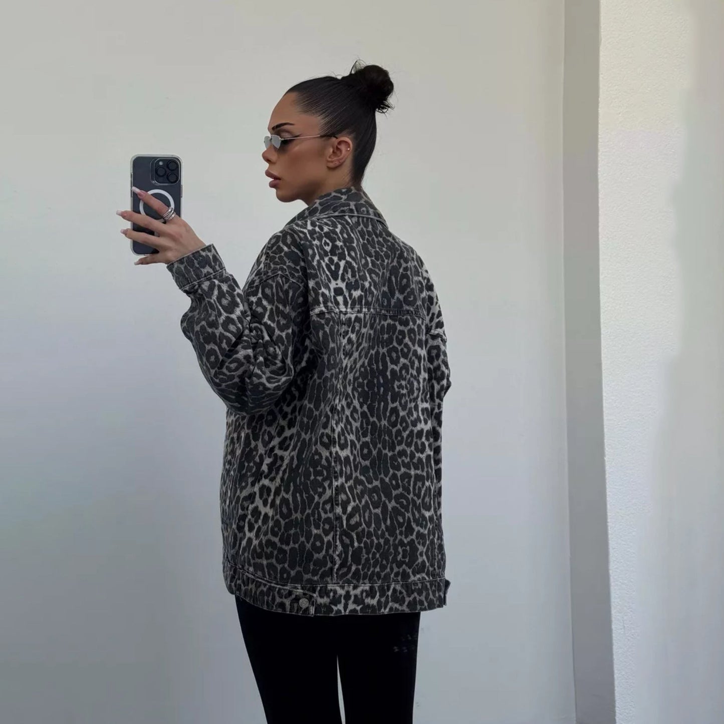 Vintage Street Casual Leopard Print jeansjacka