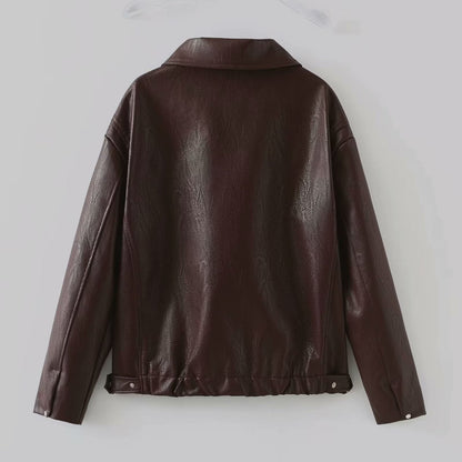 Vintage Lapel Dragkedja i konstläderjacka