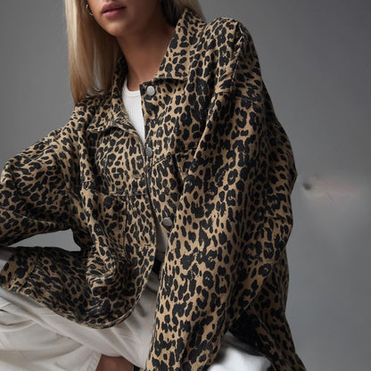 Vintage Street Casual Leopard Print jeansjacka