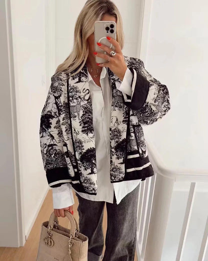 Quiltet oversized jakke med vintage-blækmaleriprint