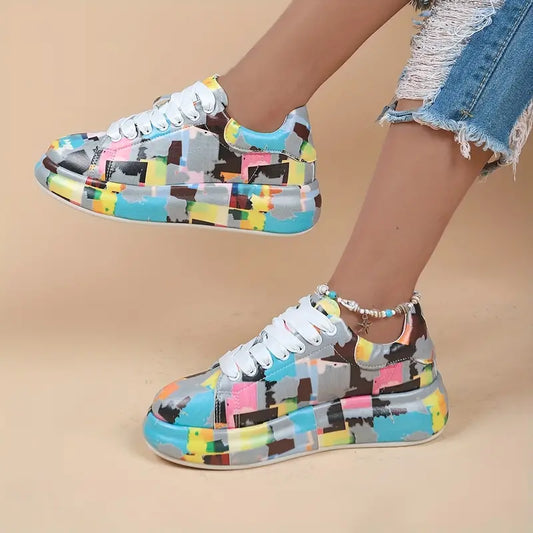 Artsy Grå Plattformssneakers - Trendiga låga sportskor med snörning