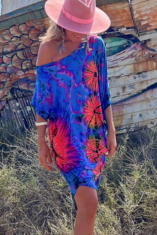 Minikjole med tie-dye-print og stretch, oversized kaftan