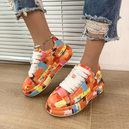 Artsy Orange Plattformssneakers - Trendiga låga sportskor med snörning