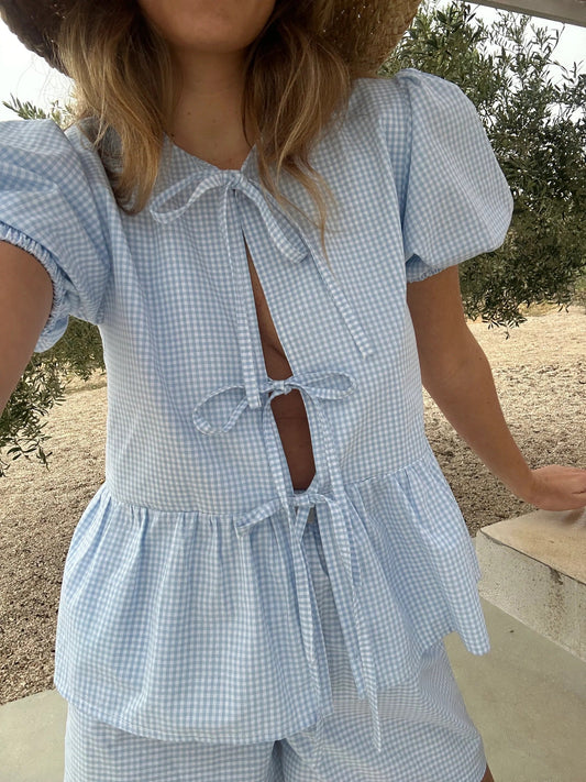 Tie Front Cotton Peplum Blus Shorts