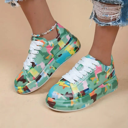Artsy Grön Plattformssneakers - Trendiga låga sportskor med snörning